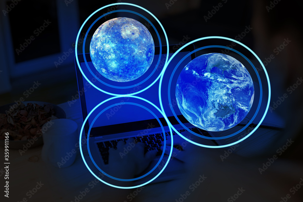 Poster digital image of distant solar system showing global technology networks. elements of this image fur