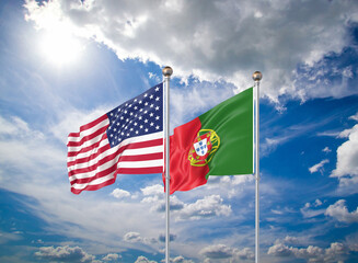Realistic 3D Illustration. USA and Portugal. Waving flags of America and Portugal.