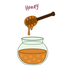 Fresh honey with a honey dipper. Simple vector illustration isolated on white background.
