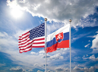 Realistic 3D Illustration. USA and Slovakia. Waving flags of America and Slovakia.