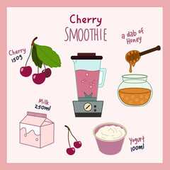Recipe. Cherry Smoothie. Honey. Cherry. Yogurt. Milk. Blender Simple vector illustration isolated on white background.