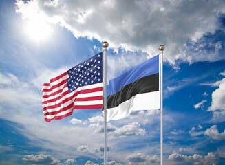 Realistic 3D Illustration. USA and Estonia. Waving flags of America and Estonia.