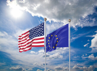 Realistic 3D Illustration. USA and European Union. Waving flags of America and European Union.