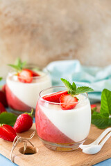 Panna Cotta with jelly strawberries, Italian dessert, home cooking. Copy space.