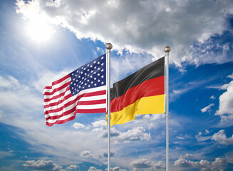 Realistic 3D Illustration. USA and Germany. Waving flags of America and Germany.