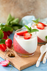 Panna Cotta with jelly strawberries, Italian dessert, home cooking. Copy space.