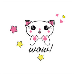 Cute white cat and text wow! kawaii positive emotions. Children's print for clothing, illustration, greeting card vector illustration. head icon. japanese anime emoji.