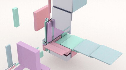 Broken cube. Glass, metallic, plastic rectangles. Abstract illustration, 3d rendering.