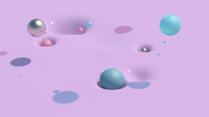 Colorful balss falling in lilac liquid. Abstract illustration, 3d render.