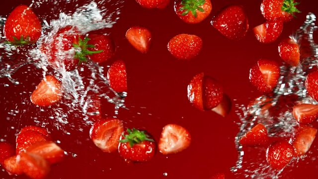 Super Slow Motion Shot of Flying Fresh Strawberries and Water Side Splash on Red Background at 1000fps.