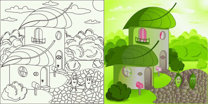 Fairy cucumber seed houses end couple of cartoon characters. The picture is made in color and using the outline without filling. Can be used as a coloring or picture for a children's puzzle, cover of 