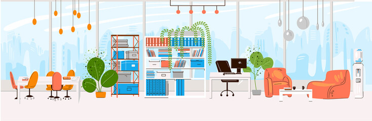 Vector Flat Collection of Creative Workplace with Modern Open Space and Empty Office Interior - Business and Contemporary Co-Working Illustraton. flat horizontal composition.