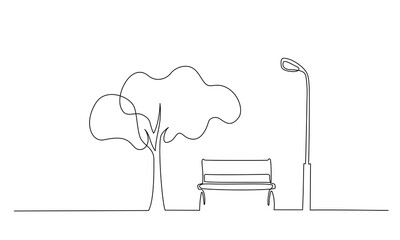 Bench in park near tree and lantern. One line drawing © Valenty