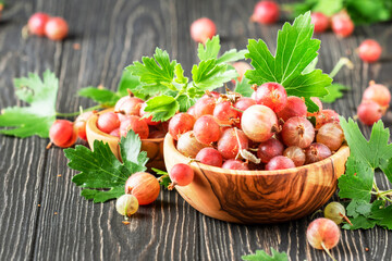 Sweet gooseberries summer harvest in bowl, wooden kitchen table background
