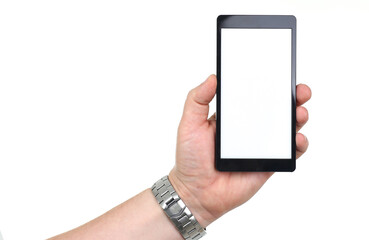 Close up of young man arm with modern smartphone isolated on white background