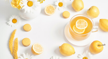 Spring and summer card. Daisies tea cup with lemon slice. Herbal tea with fresh flowers chamomile in mug. Vitamins, Healthy Diet. Concept of alternative medicine and immune boost. Cozy morning