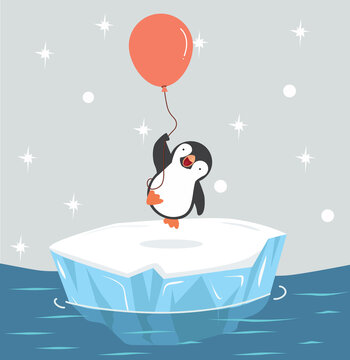 penguin holding balloons on  Iceberg floating