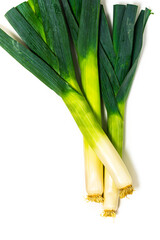 Leek Green Onion Isolated on White Background. Selective focus.