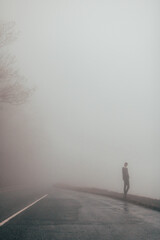 Man looking off into foggy valley.