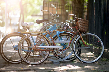 Background close-up old bicycles in the park