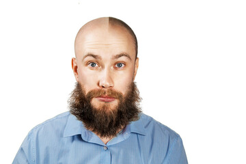 Man with half shaved beard and hair head. Guy before and after transplant and alopecia. Isolated on white background