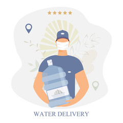 Water delivery service banner. A male courier in protective medical mask holds a big water bottle. Messenger in blue uniform, baseball cap. Mobile app template decorated leaves. Concept vector