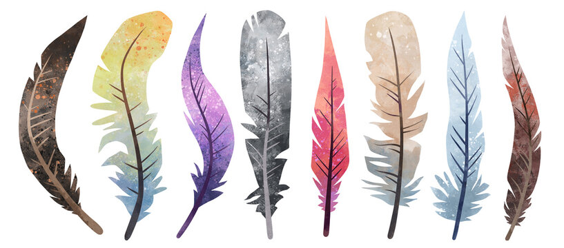 Feathers set watercolor stock illustration. Colorful tribal boho clip art for wedding decoration, isolated on white background. 