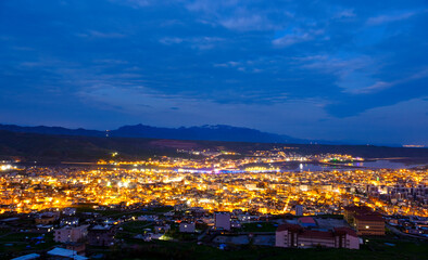 Cizre city view and cudi mountain. night view of the city of cizre. judi mountain.  Mountain where Noah's Ark sits. cizre with tigris river