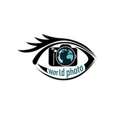 The world through the eyes of a photographer.  Earth, camera, eye. Vector illustration.Logo
