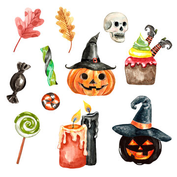 Watercolor Halloween set clipart. Hand drawn carved pumpkins head in witch hat, skull, candies and sweets, isolated on white background. Scary dark illustration in cartoon style
