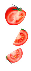 Falling slices of red tomato with green leaf isolated on white background. Flying pieces of vegetables.