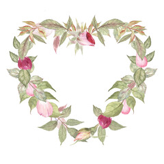 Elegant heart shape wreath of rose buds, petals and leaves. Romantic, gentle and beautiful composition. Watercolor illustration. 