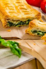 Spinach and Feta Cheese Strudel. Puff Pastry Filled with Spinach and Ricotta Cheese. Selective focus.