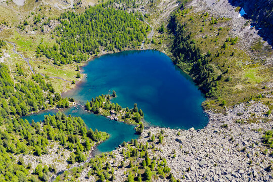 Aerial view of the lake in Swiss Val Viola