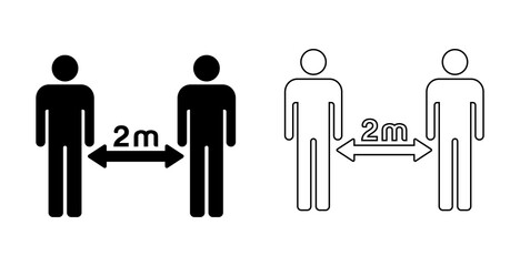 Social distancing set of icons. Simple man or woman black and white silhouettes with arrow distance between. Can be used during coronavirus covid-19 outbreak prevention