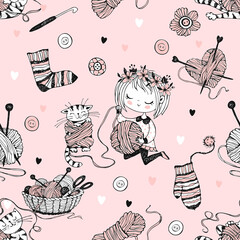Seamless pattern on the theme of knitting with a cute knitter girl and her little cat playing with a skein of yarn.Vector