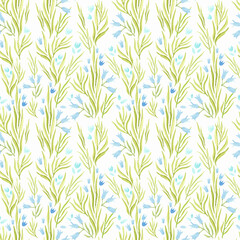 Seamless pattern of sedge leaves and bells on a white background. Watercolor handwork ideal for design, wallpaper, packaging, wrapping paper, creativity.