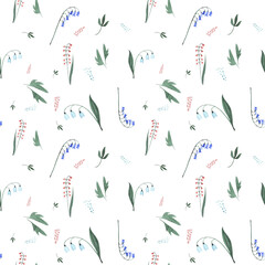 Wildflowers seamless pattern. Watercolor handmade floral pattern lilies of the valley on a white background. Ideal for wallpaper, fabric, wrapping paper, design.