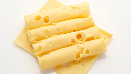 sliced gold Swiss cheese with holes. macro shot