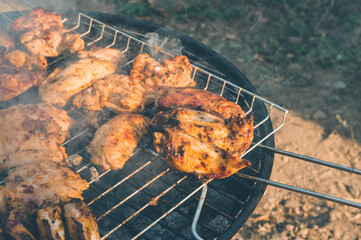 Assorted grilled chicken meats on the flaming grill