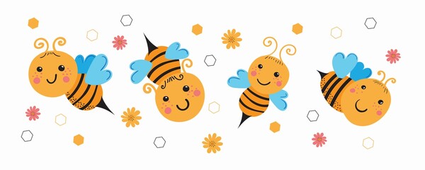 Bee design collection. Honeycomb and honey, yellow pattern banner. Vector illustration