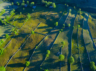 Landscape of meadows, Pasiegas Cabins and stone walls in the Portillo de la Sia. Comarca de Las Merindades in the province of Burgos. Autonomous Community of Castilla y Leon, Spain, Europe