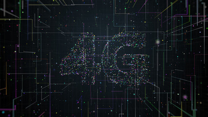 3d render of 4G title made of particles and trails that spread from the center of the screen. Fast technology communication.