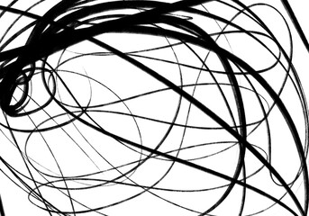 Black chaotic lines with different sizes and forms on white background.