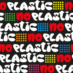 Seamless vector pattern of the words NO PLASTIC on a black background. - 359924984