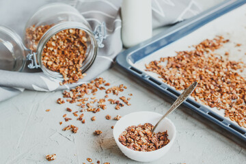 Organic homemade granola сereal with oats and walnuts. Healthy snack.