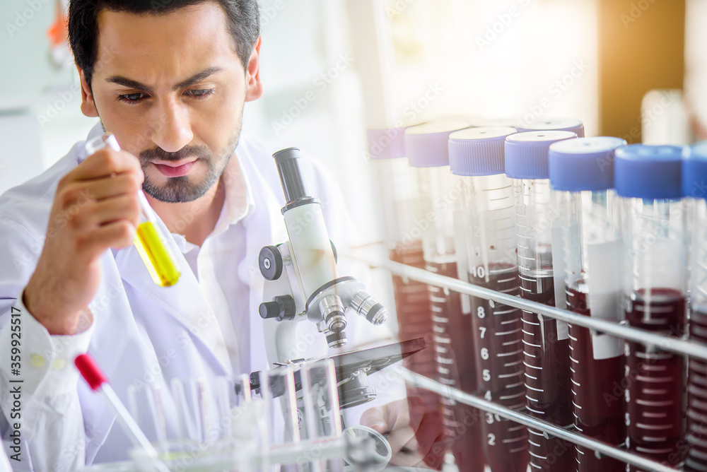 Wall mural lab technician assistant analyzing a blood sample service in test tube at laboratory with microscope