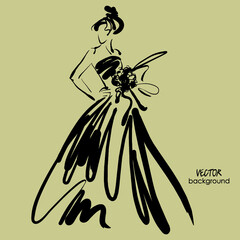 art sketch of beautiful young  bride with the bride's bouquet in profile. Vector background with space for text.