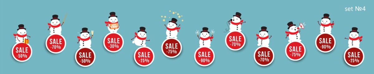 Christmas New Year and winter sale, advertising stickers with snowman and discounts, vector isolated elements for festive design. Set 4