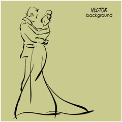 art sketched beautiful young bride and groom in dance. Vector background with space for text.